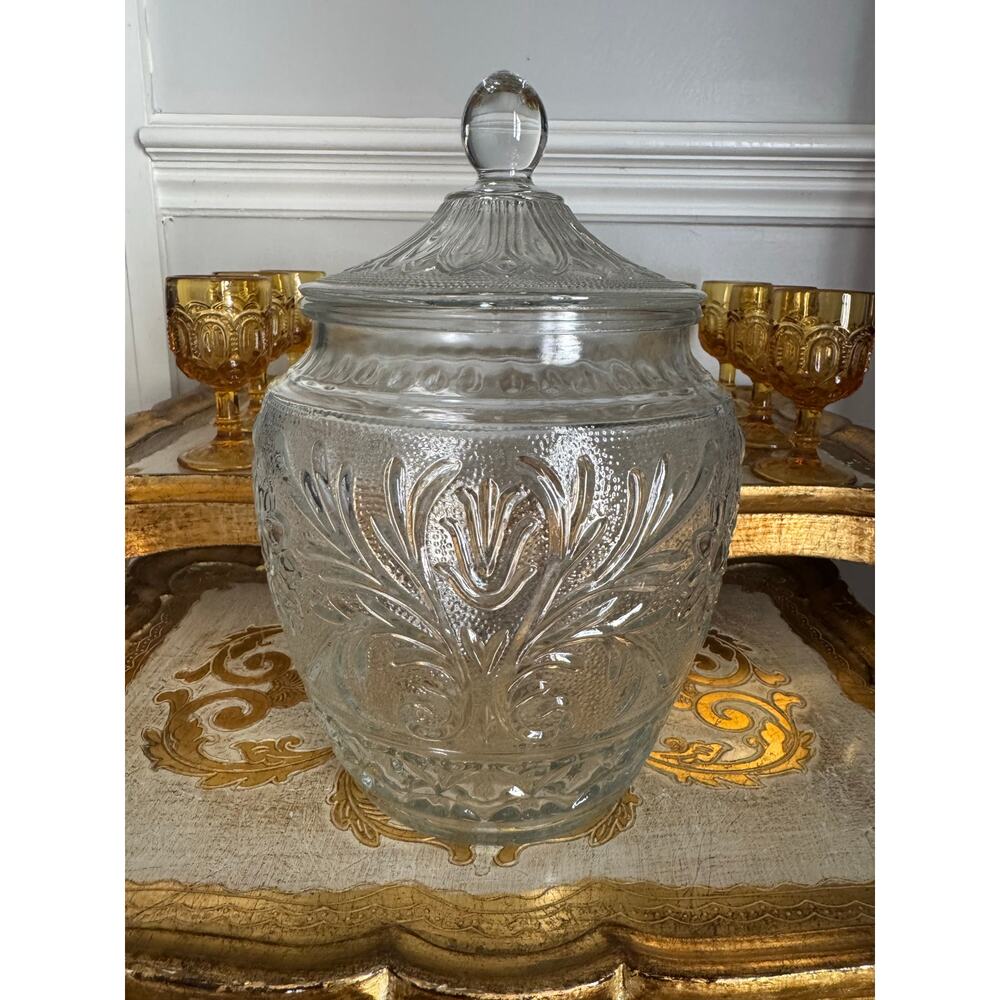 Vintage Anchor Hocking Clear Glass Jar Canister w Lid Floral Pattern 10”